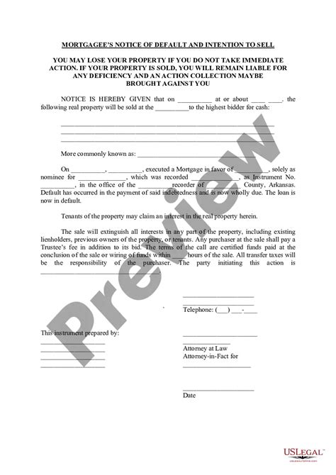 Arkansas Mortgagee S Notice Of Default And Intention To Sell US Legal