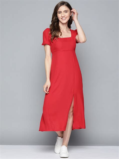 Buy Mast And Harbour Red Solid Puff Sleeves Front Slit Detail A Line Midi