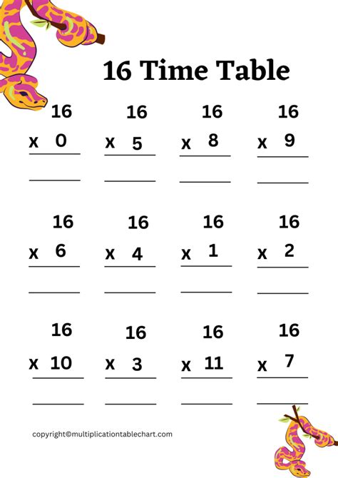 Printable 16 Multiplication Table Worksheet | Multiplication Table