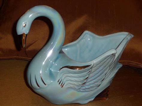 Mcm Blue Iridescent Pottery Swan Planter Gold Trim Wings Beak Usa