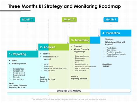 Three Months Bi Strategy And Monitoring Roadmap Presentation Graphics