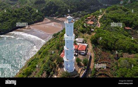 Aerial view of the Lighthouse at Baron Beach, Gunung Kidul, Yogyakarta, Mercusuar pantai Baron ...