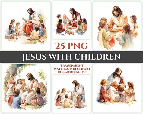 Jesus With Children Clipart PNG Watercolor Bundle Christian Clipart ...