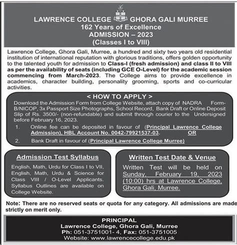 Lawrence College Murree Admissions 2025 Form Download