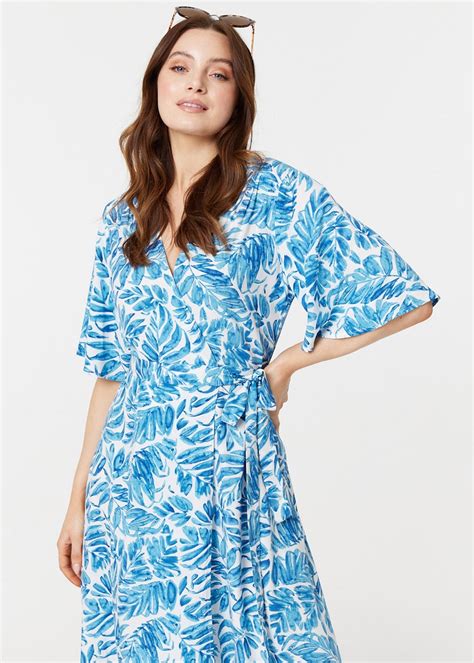 Izabel London Blue Leaf Print Wrap Dress Matalan