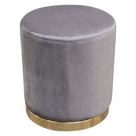 Sorbet Round Accent Ottoman In Grey Velvet W Silver Metal Band Accent