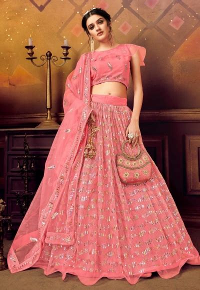 Pink Net Embroidered Circular Lehenga Choli