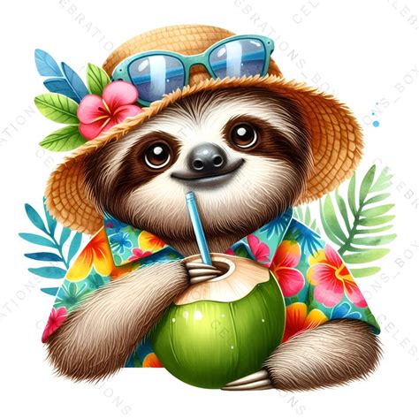 Summer Animals Clipart, Sloth Clipart, Summer Beach PNG, Ocean Graphics ...