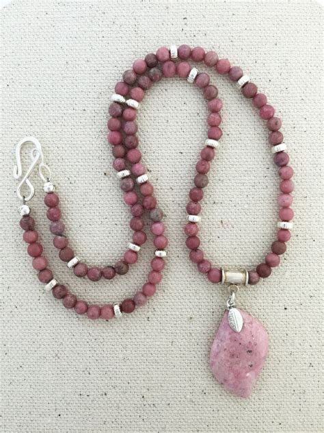 Pink Rhodonite Pendant Necklace On Beaded Strand Of Rhodonite