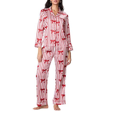 Faretumiya Women 2 Piece Satin Christmas Pajamas Set Holiday Print Long