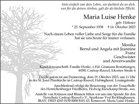 Traueranzeigen Von Maria Luise Henke Sich Erinnern De