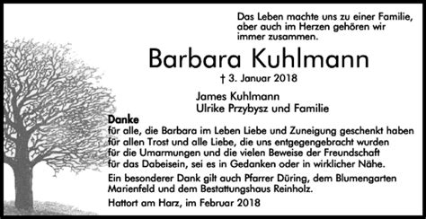 Traueranzeigen Von Barbara Kuhlmann Harztrauer De