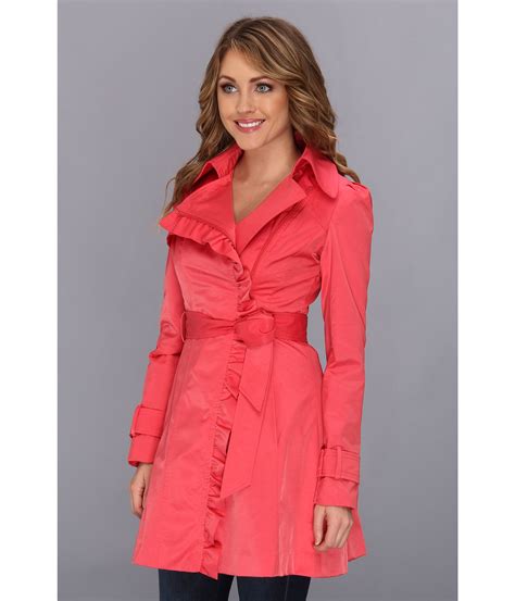 Jessica Simpson Ruffle Trim Belted Trench Coat In Orange Lyst