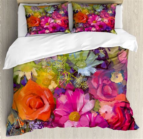 Floral Queen Size Duvet Cover Set Vibrant Flower Bouquet With Daisy