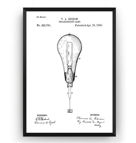 Thomas Edison Incandescent Light Bulb 1890 Patent Print Wall Etsy Uk