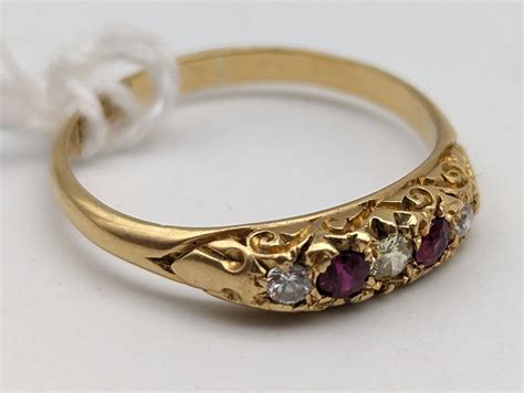 Vintage 18ct Gold Ruby Diamond Row Ring With Chester Hallmarks Rings