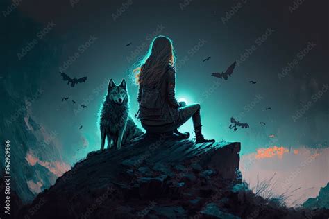 A Woman Sitting On A Mountain With Her Wolf And Watching The Night Sky