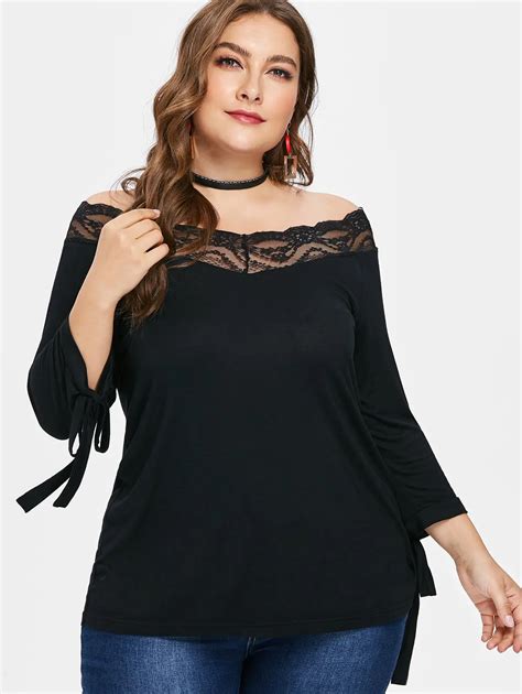 Wipalo 5XL Plus Size Off Shoulder Lace Trim Collar Slim Fit T Shirt