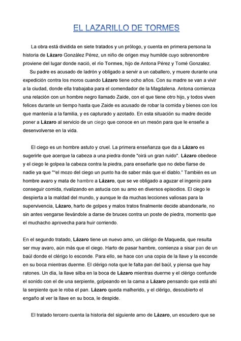 Resumen EL Lazarillo de Tormes La obra está dividida en siete