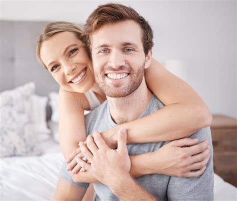 Love Hug And Portrait Of Couple In Bedroom Relax Bonding And Enjoy