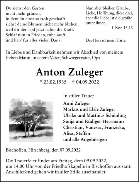 Traueranzeigen Von Anton Zuleger Vrm Trauer De