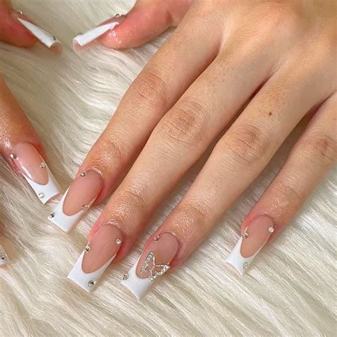 Press On Nails Long Square Shape Fake Nails White Acrylic Nails Glossy