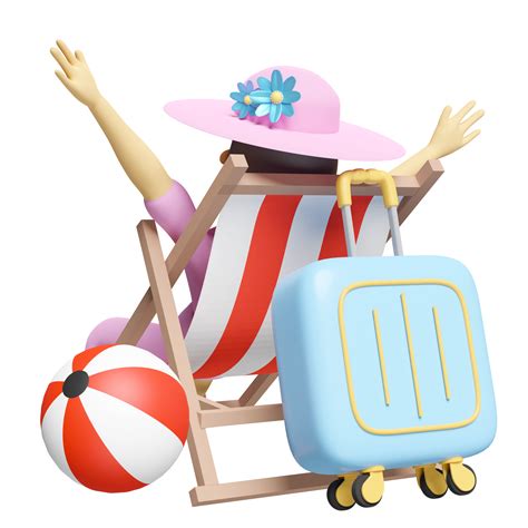 3d Character Cartoon Woman Travel On Summer Beach With Beach Chair