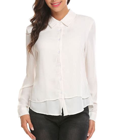 Women Casual Chiffon Blouse Long Sleeve Turn Down Collar Button Down