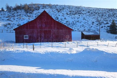 Red Barn in the Snow in Winter on Farm Stock Image - Image of frosty ...