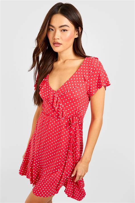 Polka Dot Wrap Front Ruffle Tea Dress Boohoo Uk