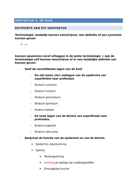 Examen Key Points 5 Anatomie 1 HOOFDSTUK 5 DE HUID KEYPOINTS VAN