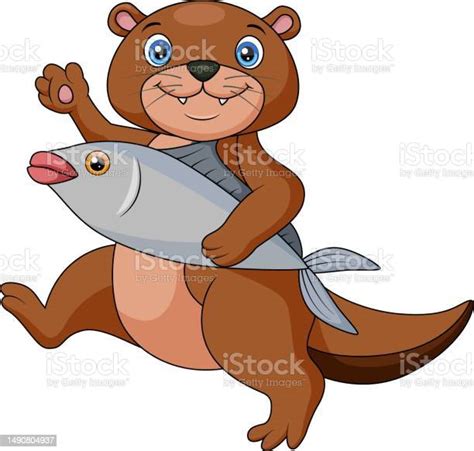 Cute Otter Cartoon With Fish Stock Illustration - Download Image Now
