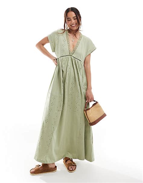 Asos Design V Neck Short Sleeve Midi Dress With Broderie In Green Asos