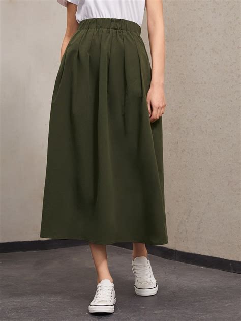 Shein Mulvari Elastic Waist Solid Flare Skirt Army Green Skirt Outfit