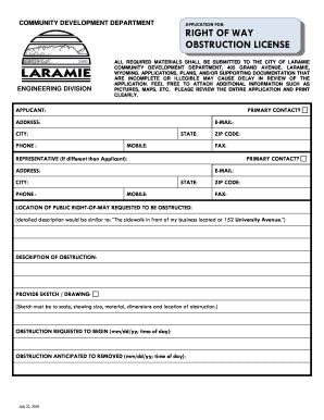 Fillable Online ROW Obstruction License Application Laramie WY Fax