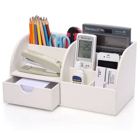 White Storage Compartments Multifunctional Pu Leather Office Desktop