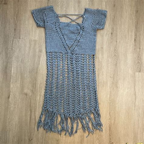 Dresses Love Sense Light Blue Crochet Dress With Lace Up Back Medium See Through Dress Poshmark