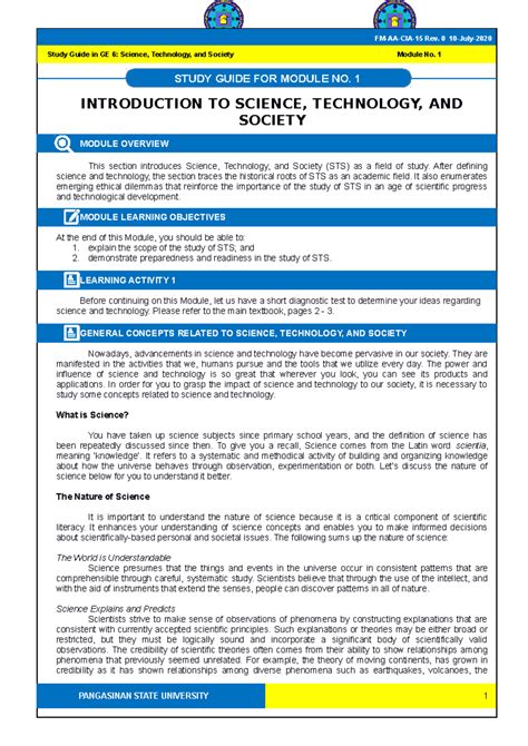 Sts sg1 - sts - INTRODUCTION TO SCIENCE, TECHNOLOGY, AND SOCIETY MODULE