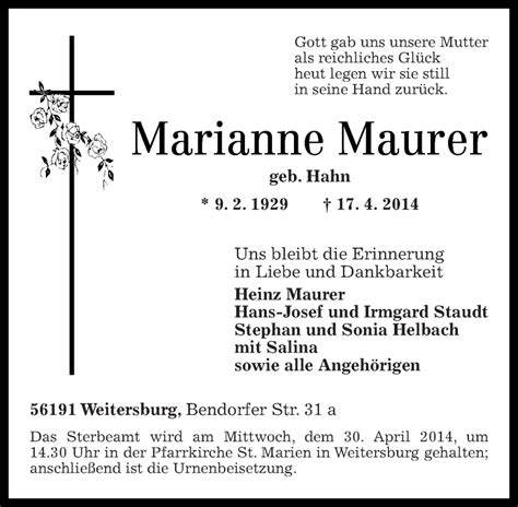 Traueranzeigen Von Marianne Maurer Rz Trauer De