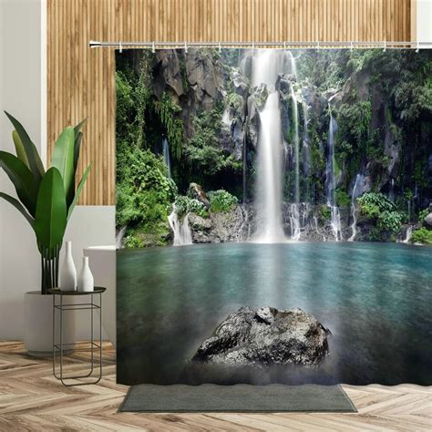 Waterfall Landscape Shower Curtain Forest Lotus Flower Leaf Bath