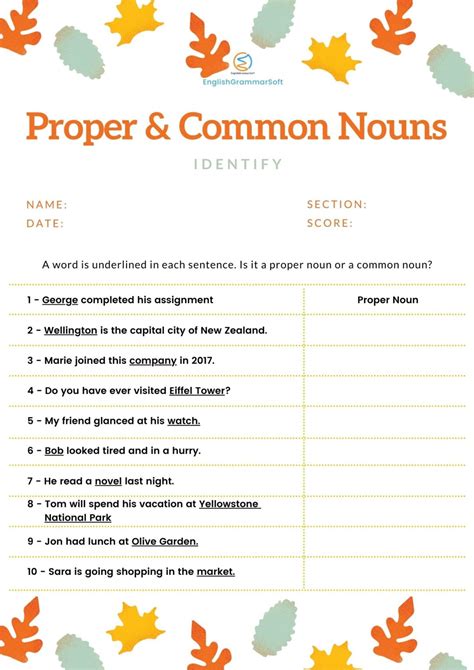 Proper Noun Vs Common Noun Worksheet