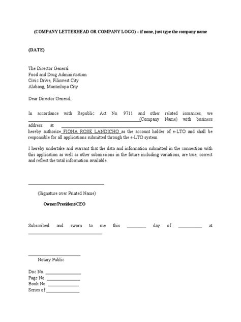 Letter Of Authorization Loa For Fda License To Operate Paper Pdf