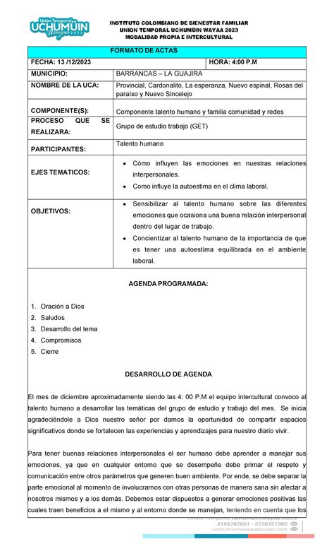 ACTA DE Talento Humano FORMATO DE ACTAS FECHA 13 1 2 2023 HORA 4