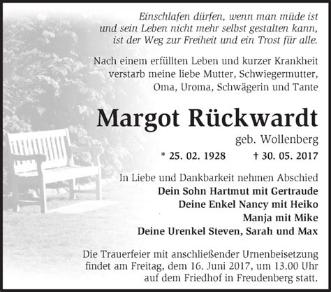 Traueranzeigen Von Margot R Ckwardt M Rkische Onlinezeitung Trauerportal