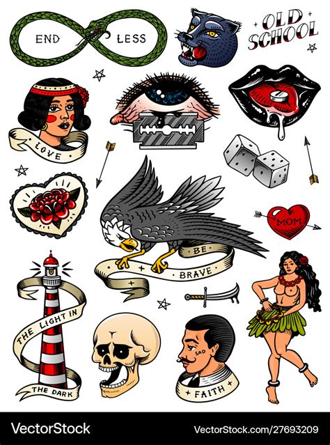 Set Vintage Old School Tattoo Characters Vector Image