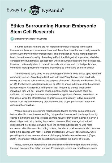 Ethics Surrounding Embryonic Stem Cell Research - 401 Words | Essay Example