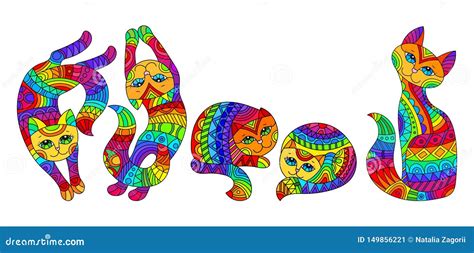 Stained Glass Illustration With Rainbow Cats Isolated Images On White Background