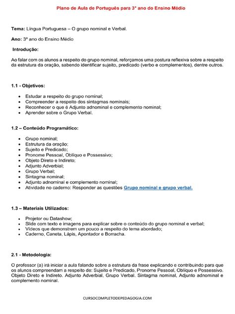 Terceiro Ano Ensino Médio - Plano de Aula de Portugues para 3° Ano Do Ensino Medio | PDF