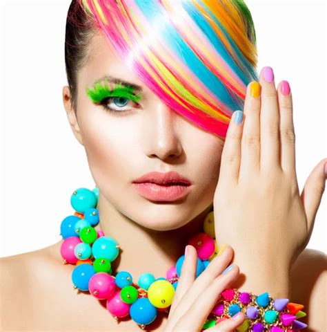 Beauty Girl Portrait With Colorful Makeup Hair And Accessories Stock