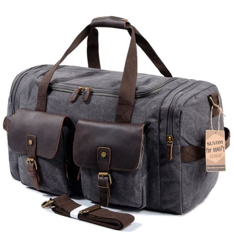 Suvom Canvas Duffle Bag Genuine Leather Weekend Bag Carry On Travel